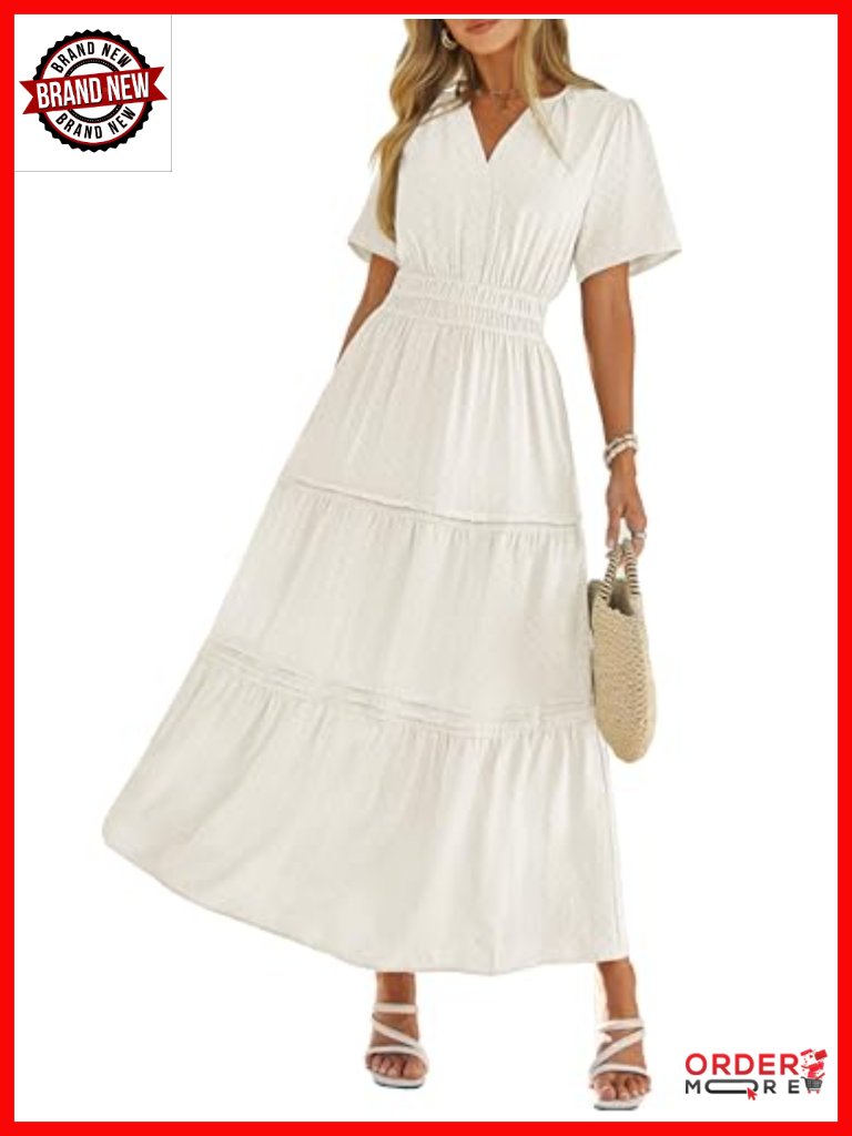 Short Sleeve V Neck Maxi Dress With Pockets - Flowy Smocked Waist